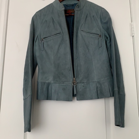 💙NWOT 100% LEATHER JACKET ROBIN’s EGG BUTTER SOFT PEPLUM ZIP MANDARIN COLLAR🐦 - Picture 12 of 15